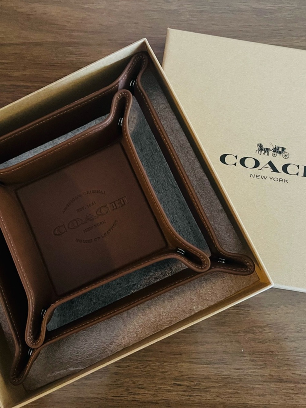 Coach Brown Leather Valet Tray Set with Branded Box